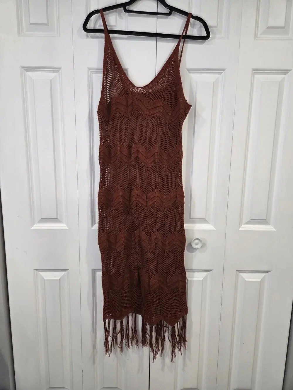 Women's Crochet Maxi Beach Cover-Up Dress Spaghetti Strap Fringe Hem XL